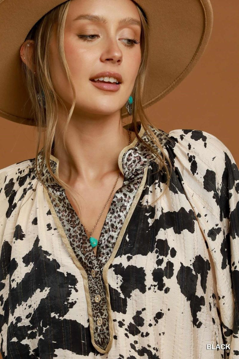 Umgee Cowhide Print Contrast Trim Blouse