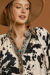 Umgee Cowhide Print Contrast Trim Blouse
