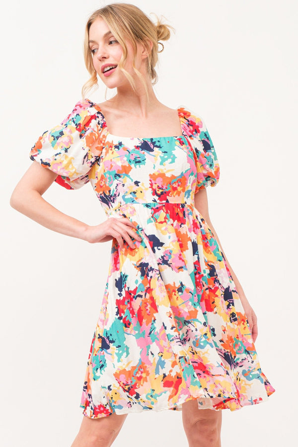 SALE Square Neck Bubble Sleeve Floral Printed Dress - Blush & Cactus
