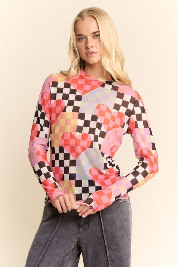 Checkered Heart Mesh Long Sleeve Top - Blush & Cactus