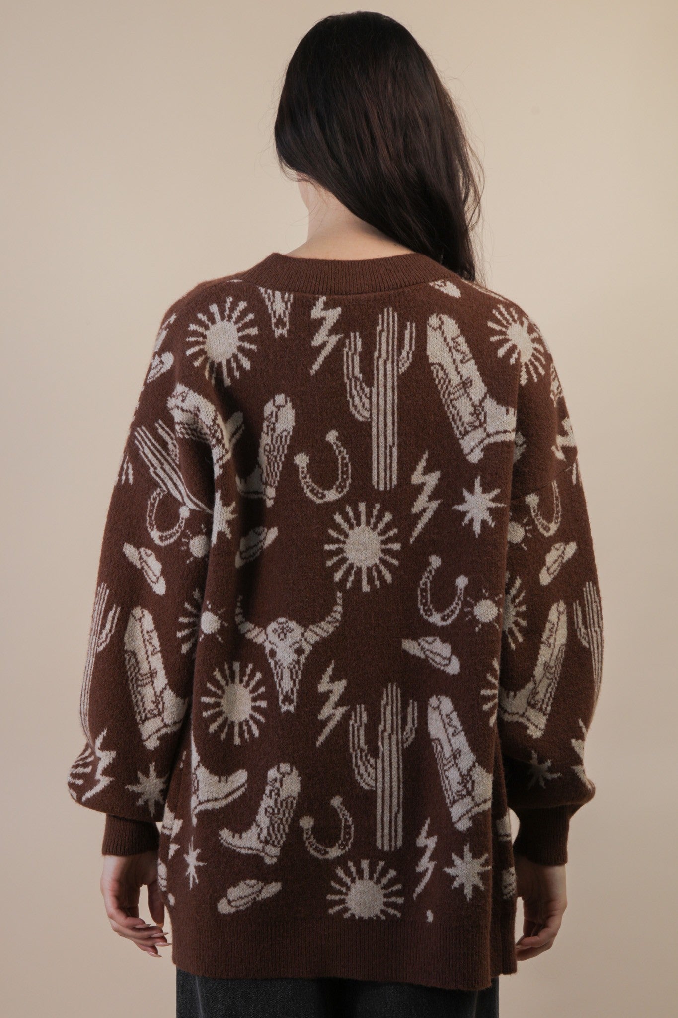 Oversized Western Graphic Knit Sweater Cardigan - Blush & Cactus