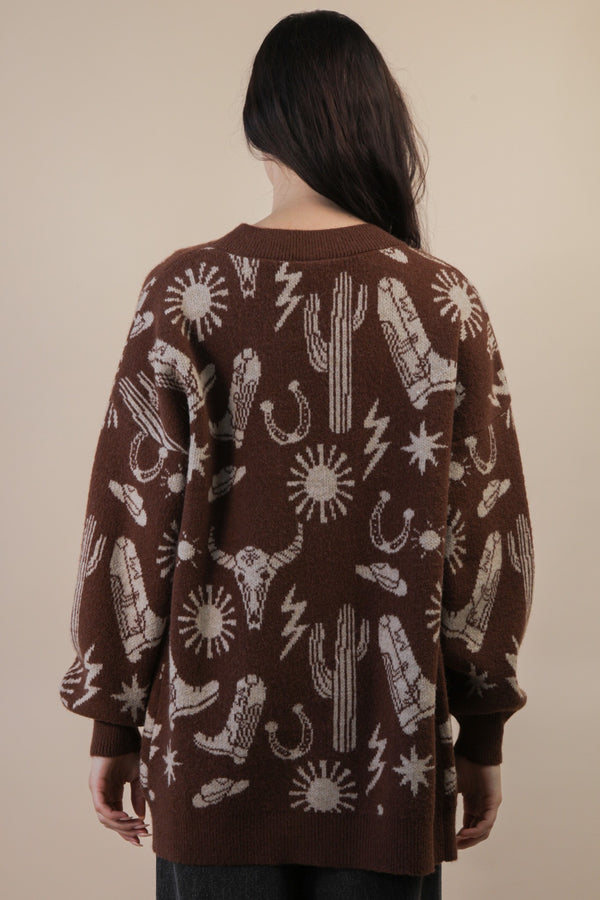 Oversized Western Graphic Knit Sweater Cardigan - Blush & Cactus