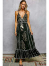 POL Deep V-Neck Tassel Ruffle Embroidered Trim Maxi Dress - Blush & Cactus