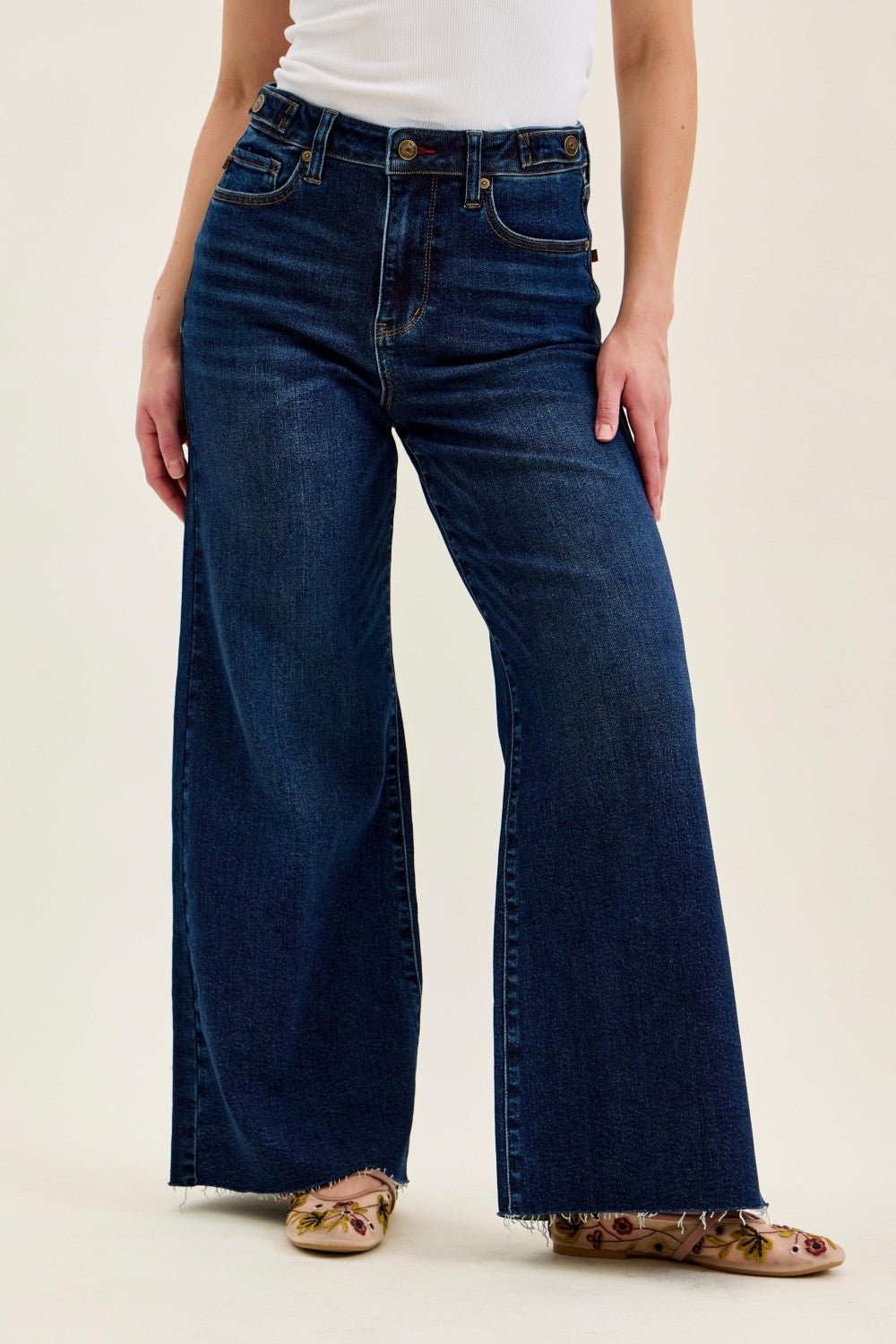 Judy Blue HW Petite Retro Wide w/adjustable WB Tabs/raw hem - Blush & Cactus