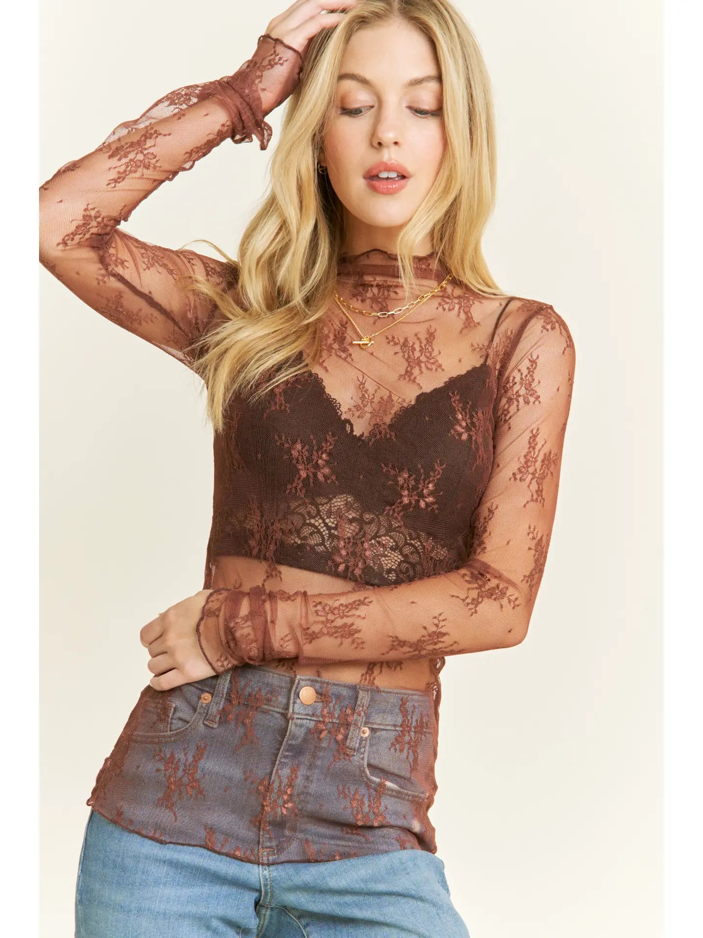 Mesh Long Sleeve Lace Top