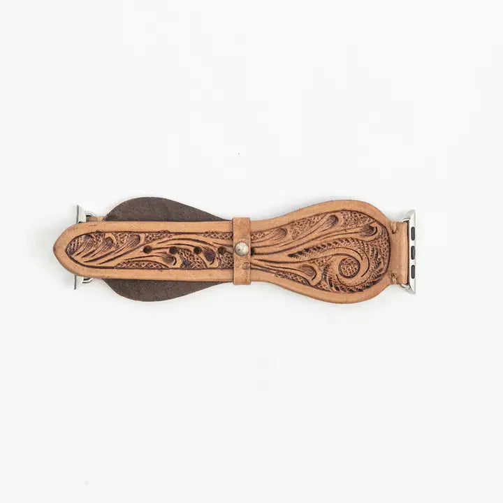 Myra Lone Star Handtooled Leather Watch Band in Light Saddle Tan