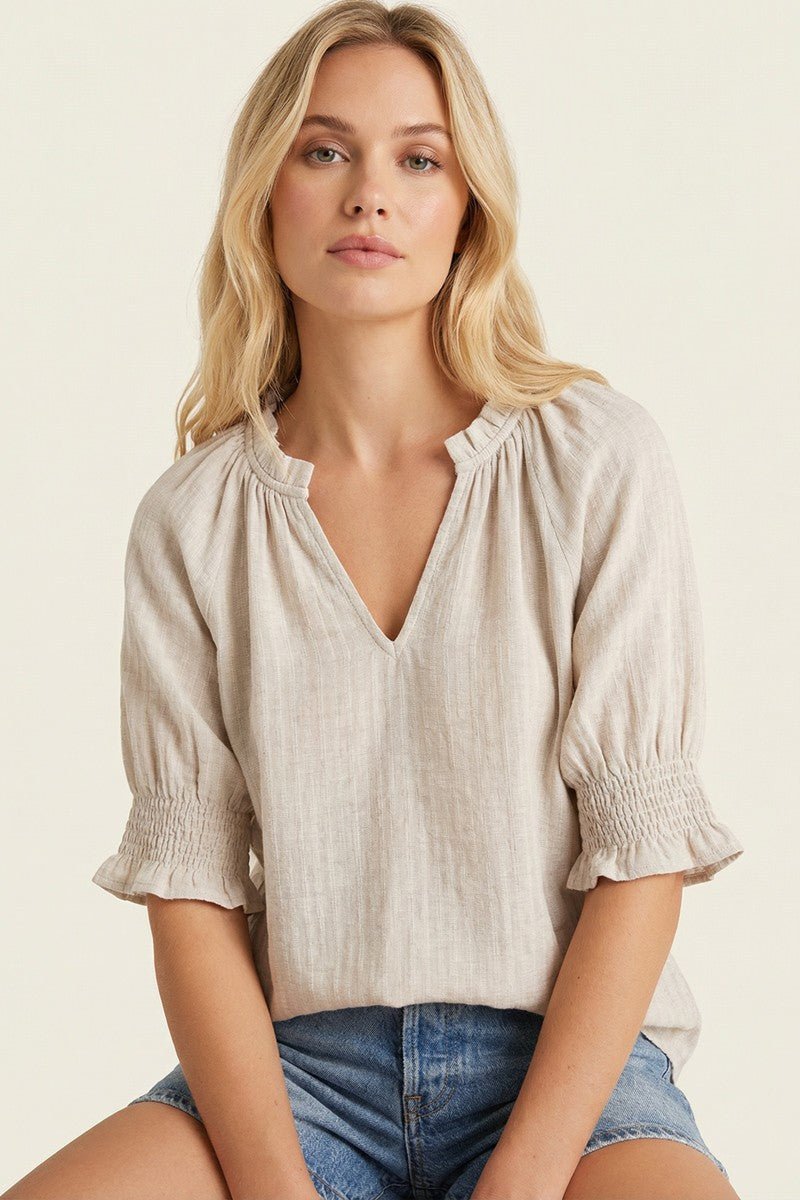 Frilled Split Neck Gauze Top - Blush & Cactus