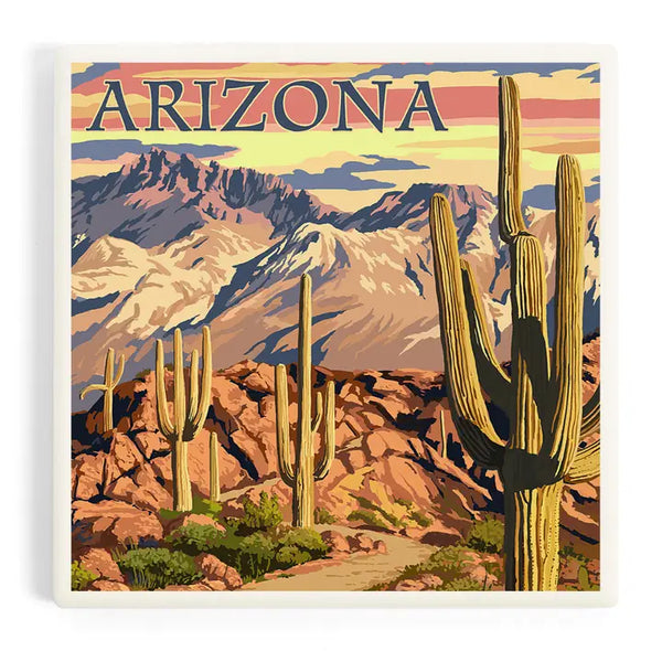 Arizona Desert Cactus Trail Scene At Sunset Ceramic Coaster