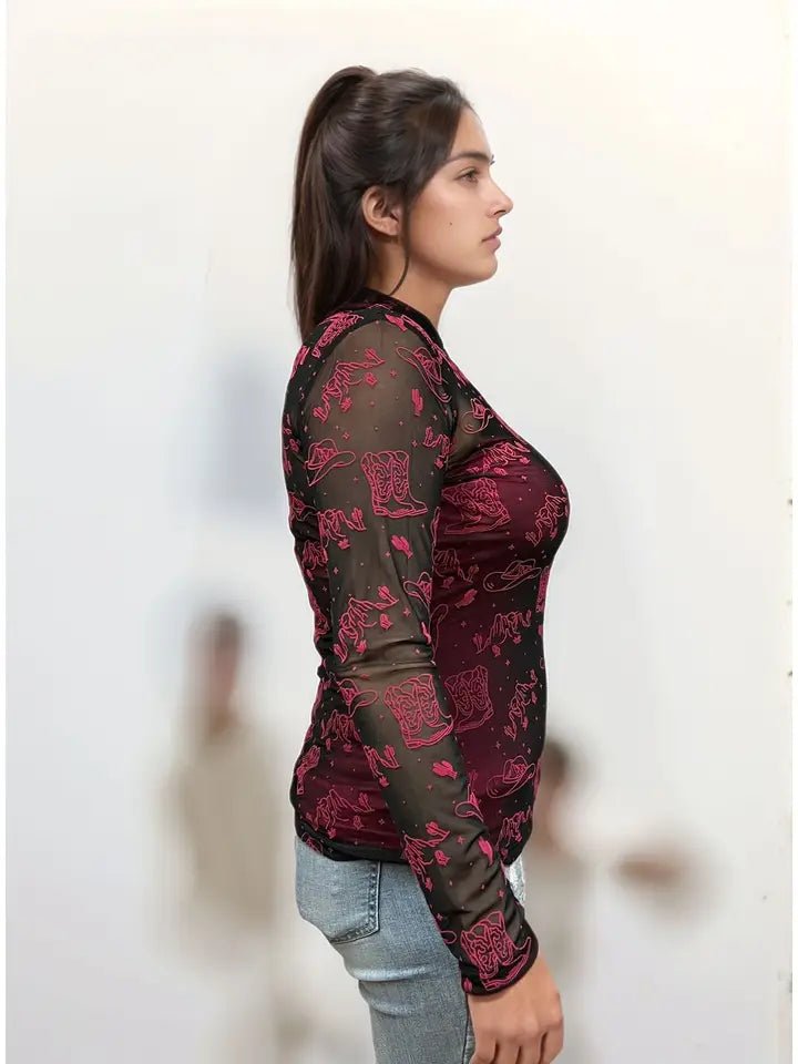 Country Velvet Mesh Top - Blush & Cactus