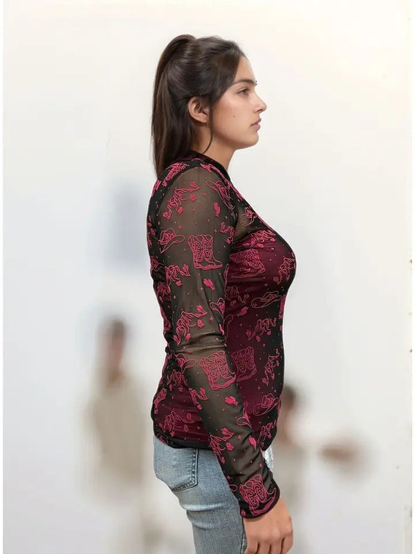 Country Velvet Mesh Top - Blush & Cactus