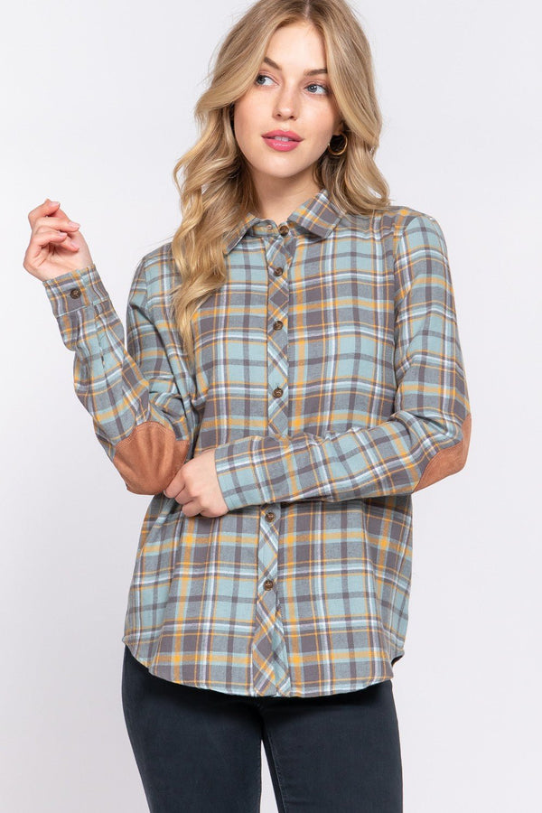 DOORBUSTER Long Sleeve W/suede Patch Button Down Plaid Shirt - Blush & Cactus