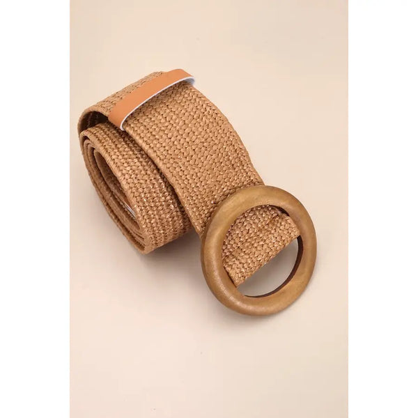 Wooden Buckle Woven Rattan Stretch Waist Belt