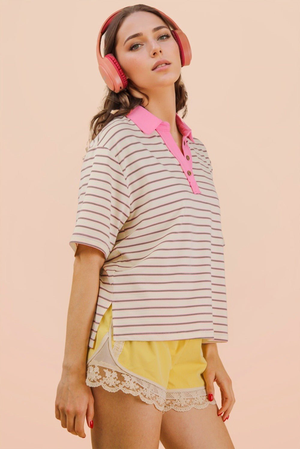 Oversized Stripe Knit Top W/ Cont Collar - Blush & Cactus