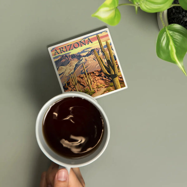 Arizona Desert Cactus Trail Scene At Sunset Ceramic Coaster
