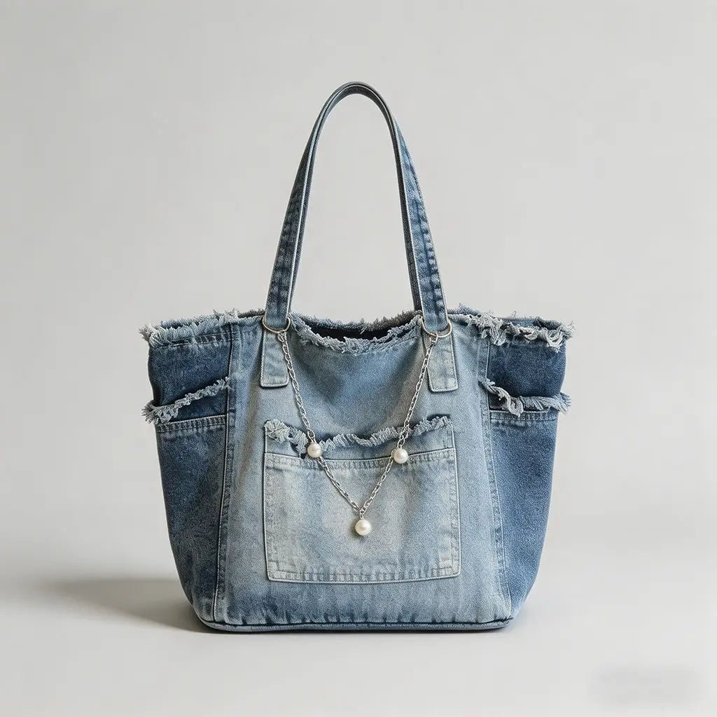 Frayed Edge Denim Tote Bag - 8 patches - Blush & Cactus
