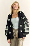 Davi & Dani Star Printed Loose Fit Stripe Long Sleeve Cardigan - Curvy Size - Blush & Cactus