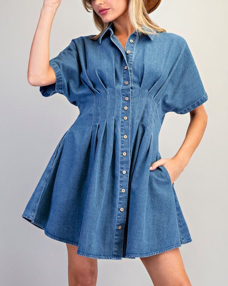 eesome Pleated Button Down Denim Mini Dress - Blush & Cactus