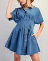 eesome Pleated Button Down Denim Mini Dress - Blush & Cactus