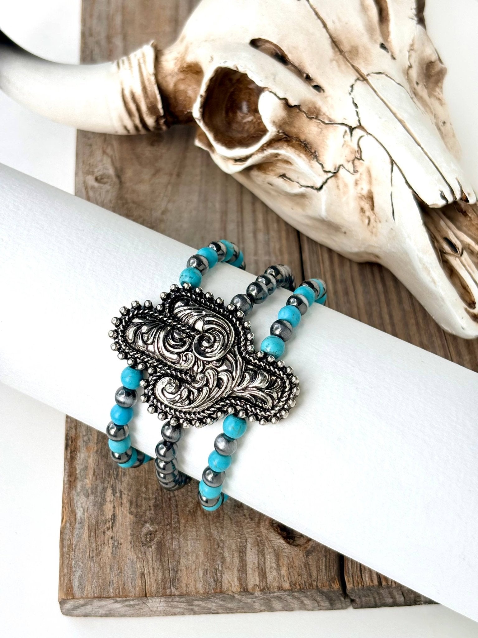 3 Layered Beaded Western Cactus Stretch Bracelet - Blush & Cactus