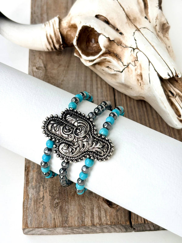 3 Layered Beaded Western Cactus Stretch Bracelet - Blush & Cactus