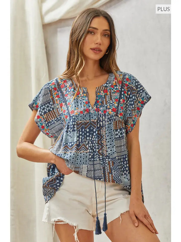 Savanna Jane Print Babydoll Top with Floral Embroidery