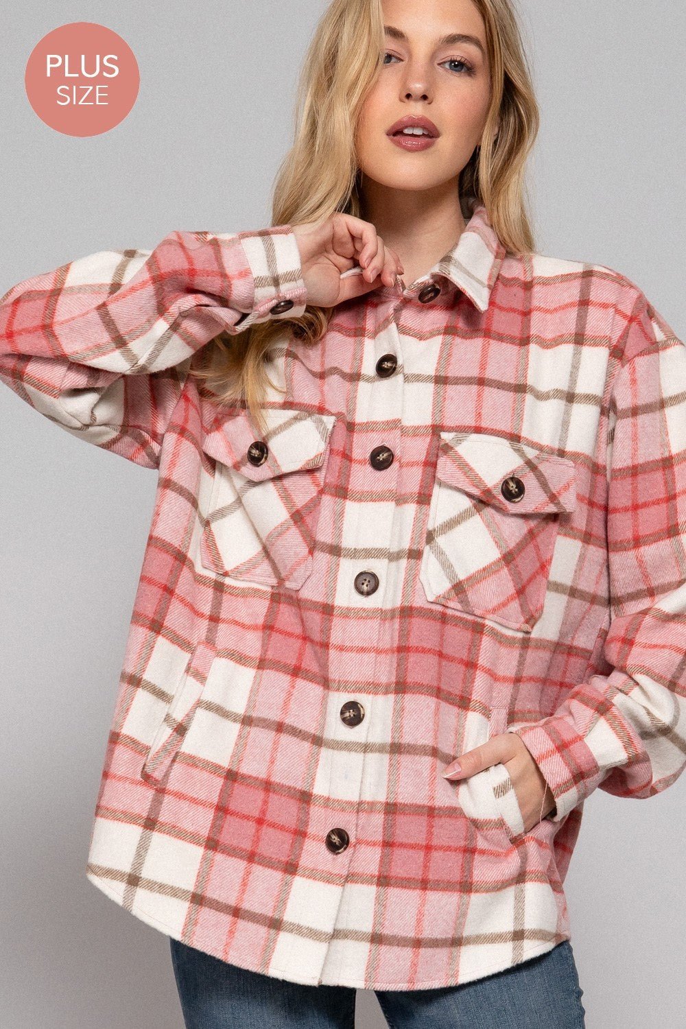 Long Slv Wool Blend Plaid Jacket - Curvy Size - Blush & Cactus