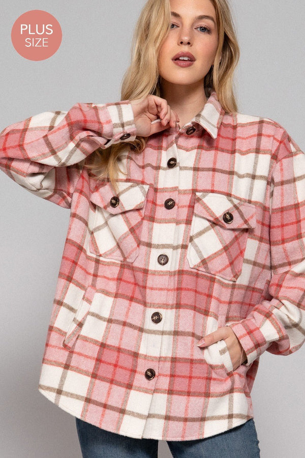 Long Slv Wool Blend Plaid Jacket - Curvy Size - Blush & Cactus