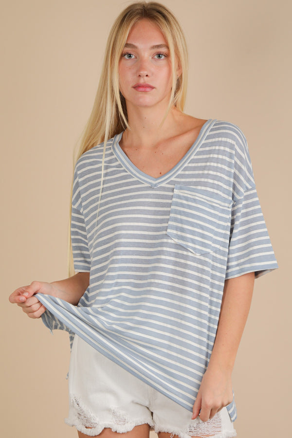 Very J Oversized Stripe Casual V-neck Knit Top