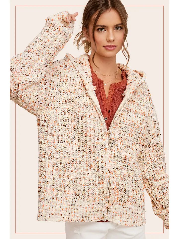 Multi Color Confetti Zip - Up Hoodie Sweater - Blush & Cactus