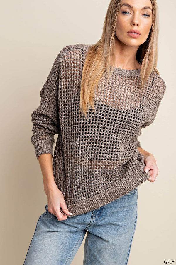 Soft Two Tone Thread Fish Net Style Sweater - 2 Colors