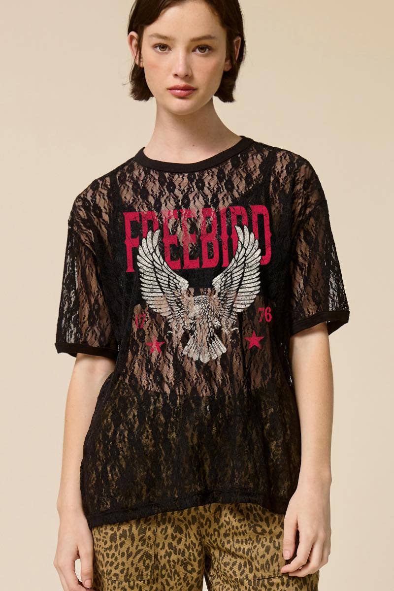 Free Bird 1776 Vintage Graphic Sheer Lace Tee - Blush & Cactus