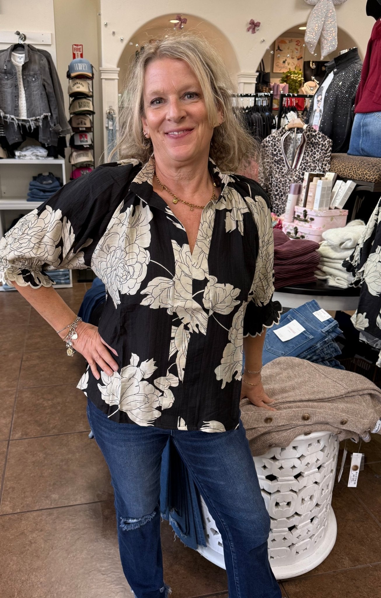 Umgee Peony Print High Neck Top - Blush & Cactus