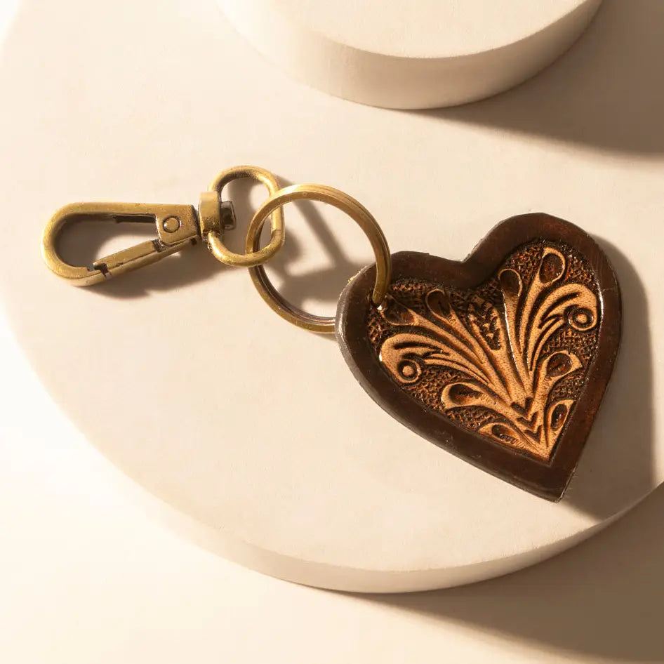 Carved Heart Western Key Fob in Dark Brown with Handtooled Detail