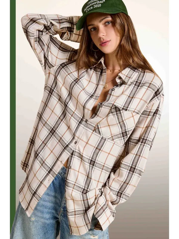 Loose Fit Button Down Soft Fabric Plaid Shirts - Blush & Cactus