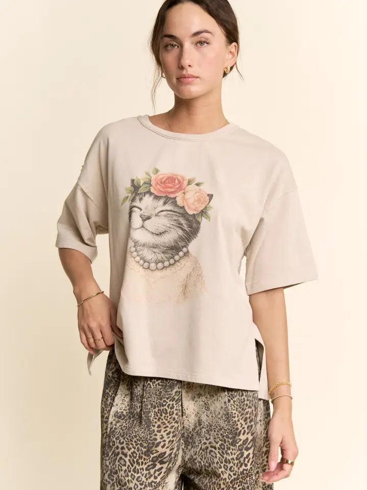 BLOSSOM - CROWNED Kitty Printed Top - Blush & Cactus
