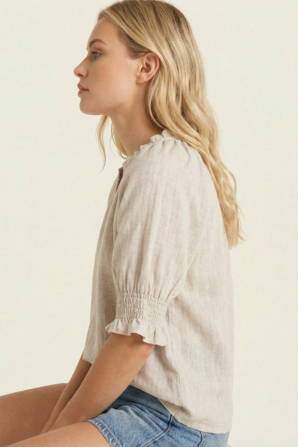 Frilled Split Neck Gauze Top - Blush & Cactus