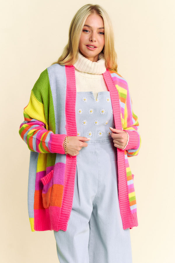 Davi & Dani Multi Striped Pockets Loose Fit Open Cardigan