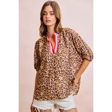 Leopard Contrast Banded Dolman Sleeves Blouse