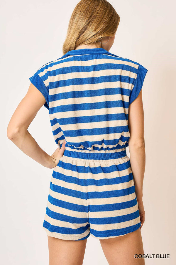 Striped Terry Fabric Sleeveless Romper - Blush & Cactus