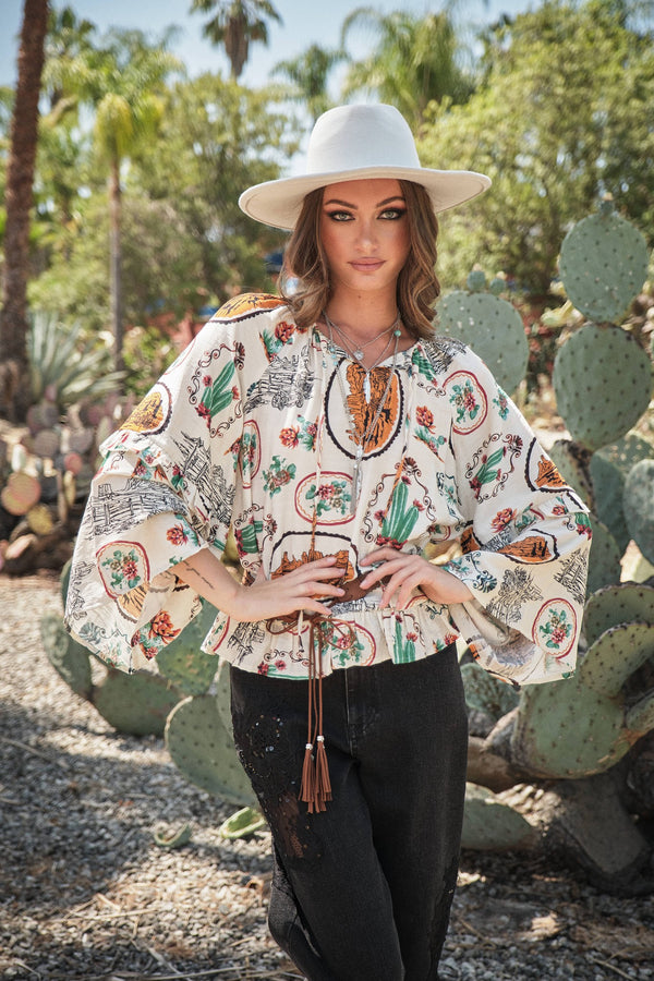 Blue B Western Print Peasant Blouse