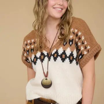 Faire Isle V Neck Short Sleeve Knit Sweater - Blush & Cactus