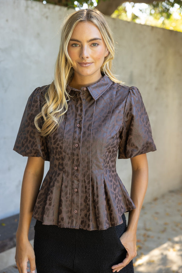 Animal Printed Faux Leather Pleated Peplum Shirt Top
