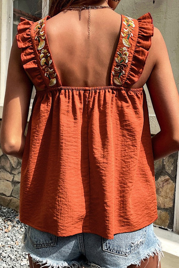 Embroidered Ruffle Sleeve Tank