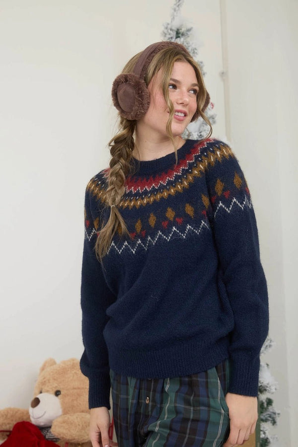 Fuzzy Fair Isle Crew Neck Knit Pullover Sweater - Blush & Cactus