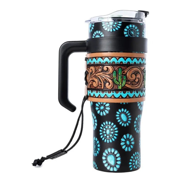 Concho Crest Western Tooled Tumbler in Black Stainless Steel with Leather Wrap and Handle - Blush & Cactus