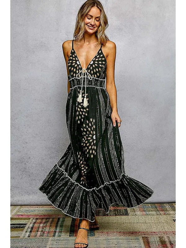 POL Deep V-Neck Tassel Ruffle Embroidered Trim Maxi Dress - Blush & Cactus