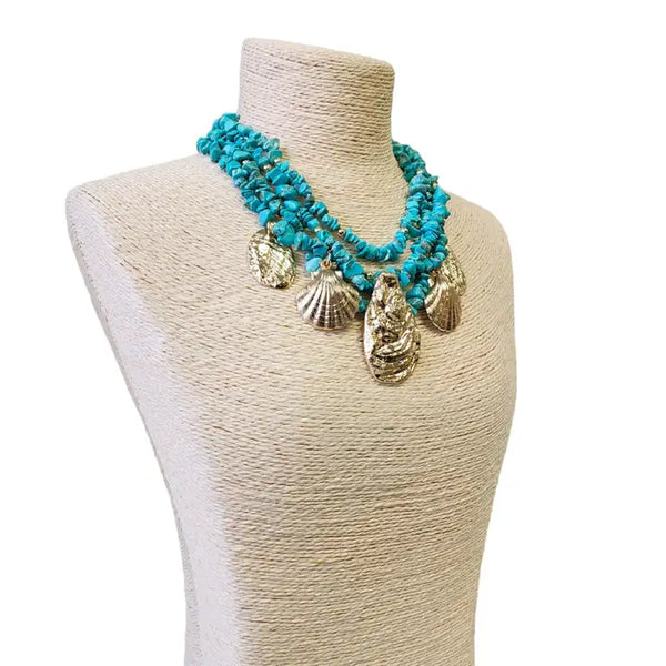Turquoise Chip Multi Layer Necklace w/ Gold Metallic Charms