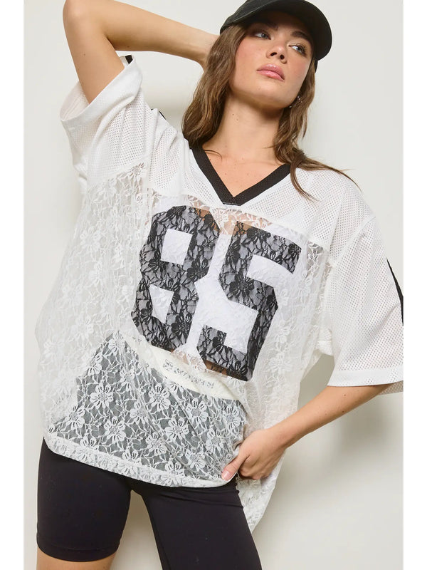 Retro 85 Number Print Lace Detail Top