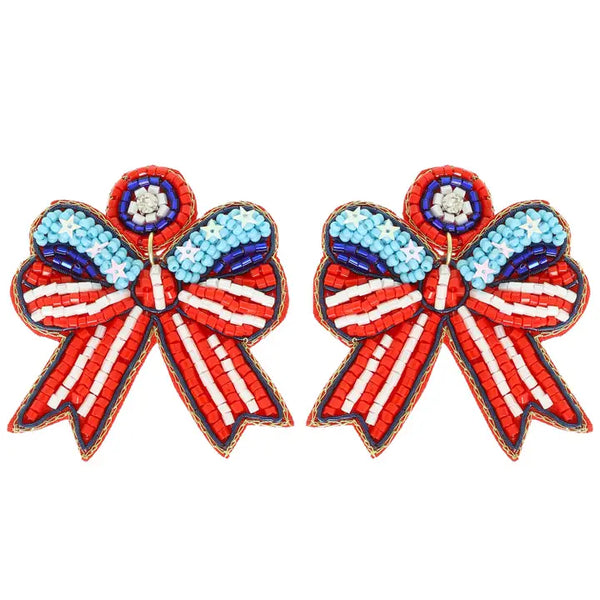 American Flag Themed Chevron Bow Beaded Post Dangle Earrings