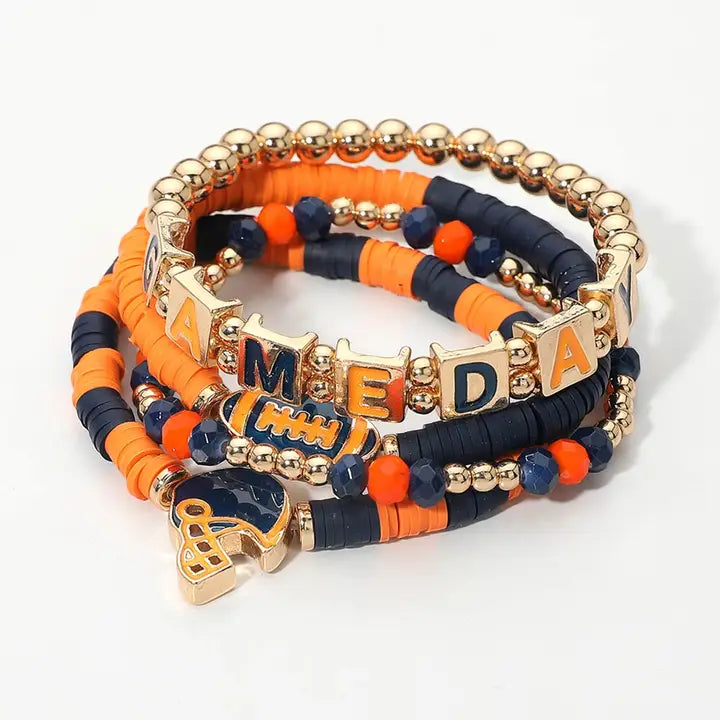 4PCS - Gameday Football Charm Heishi Beaded Stretch Multi Layered Bracelets